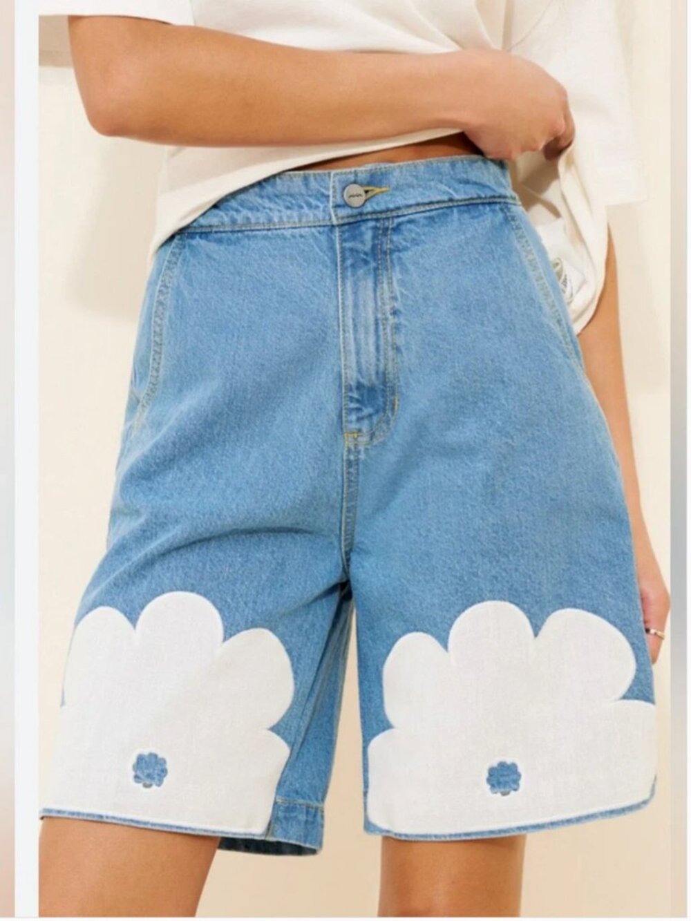 Free People Sixxta Floral cotton Bermuda Blue Jean Shorts size 10